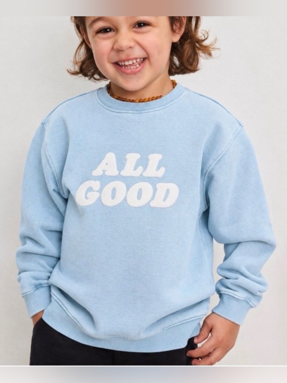 Good American Kids 5/6 Sweatshirt Blue “ALL GOOD” Fleece Pullover Unisex